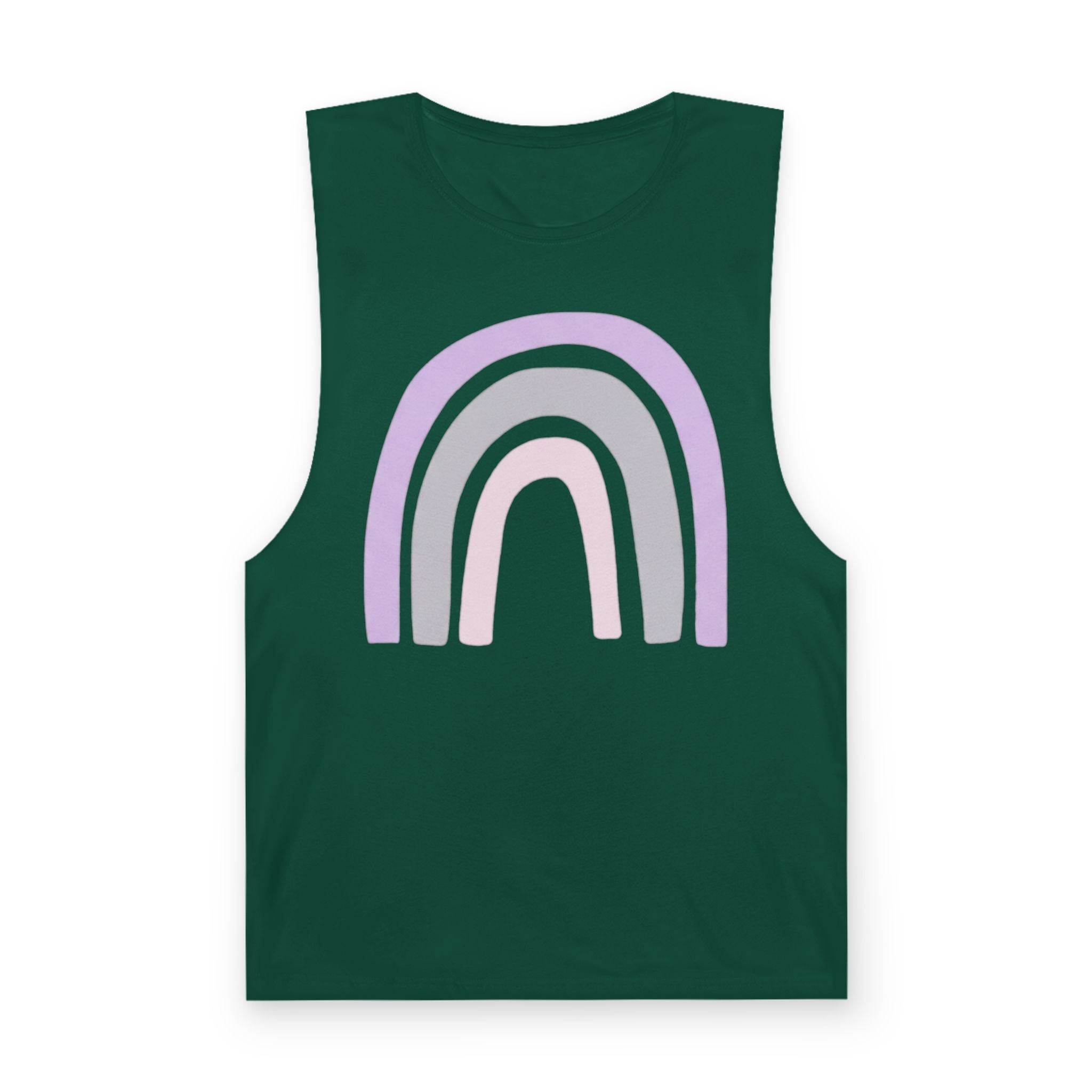 Pastel Rainbow Tank Top — Soft Lavender & Gray Rainbow Graphic Muscle Tee