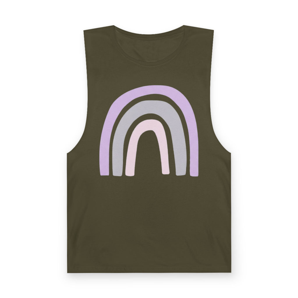 Pastel Rainbow Tank Top — Soft Lavender & Gray Rainbow Graphic Muscle Tee