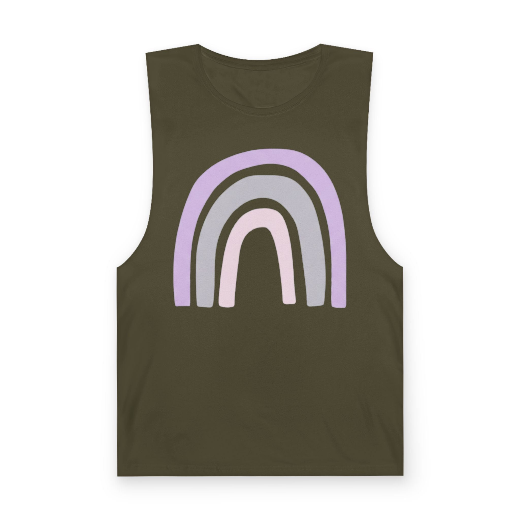 Pastel Rainbow Tank Top — Soft Lavender & Gray Rainbow Graphic Muscle Tee