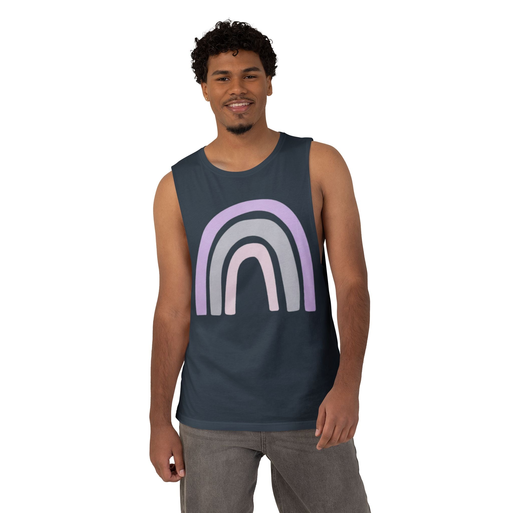 Pastel Rainbow Tank Top — Soft Lavender & Gray Rainbow Graphic Muscle Tee
