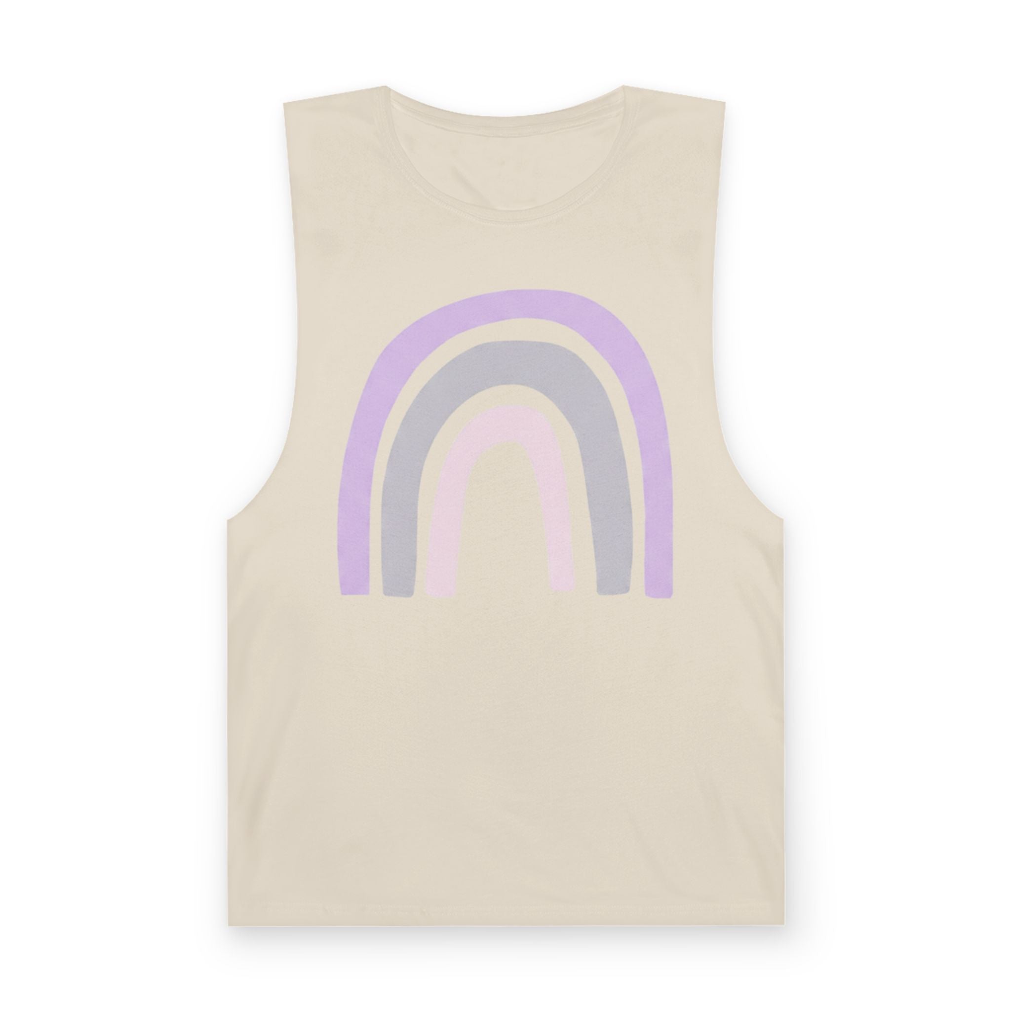 Pastel Rainbow Tank Top — Soft Lavender & Gray Rainbow Graphic Muscle Tee