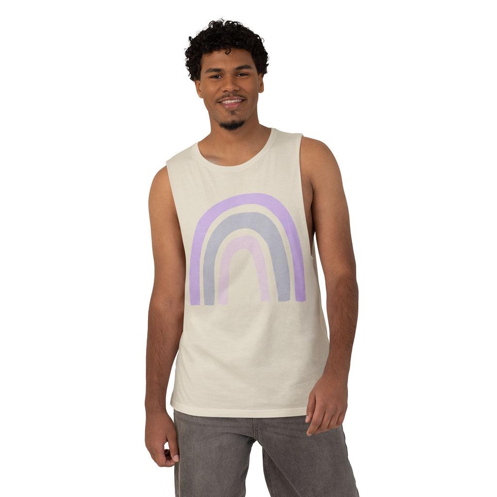 Pastel Rainbow Tank Top — Soft Lavender & Gray Rainbow Graphic Muscle Tee