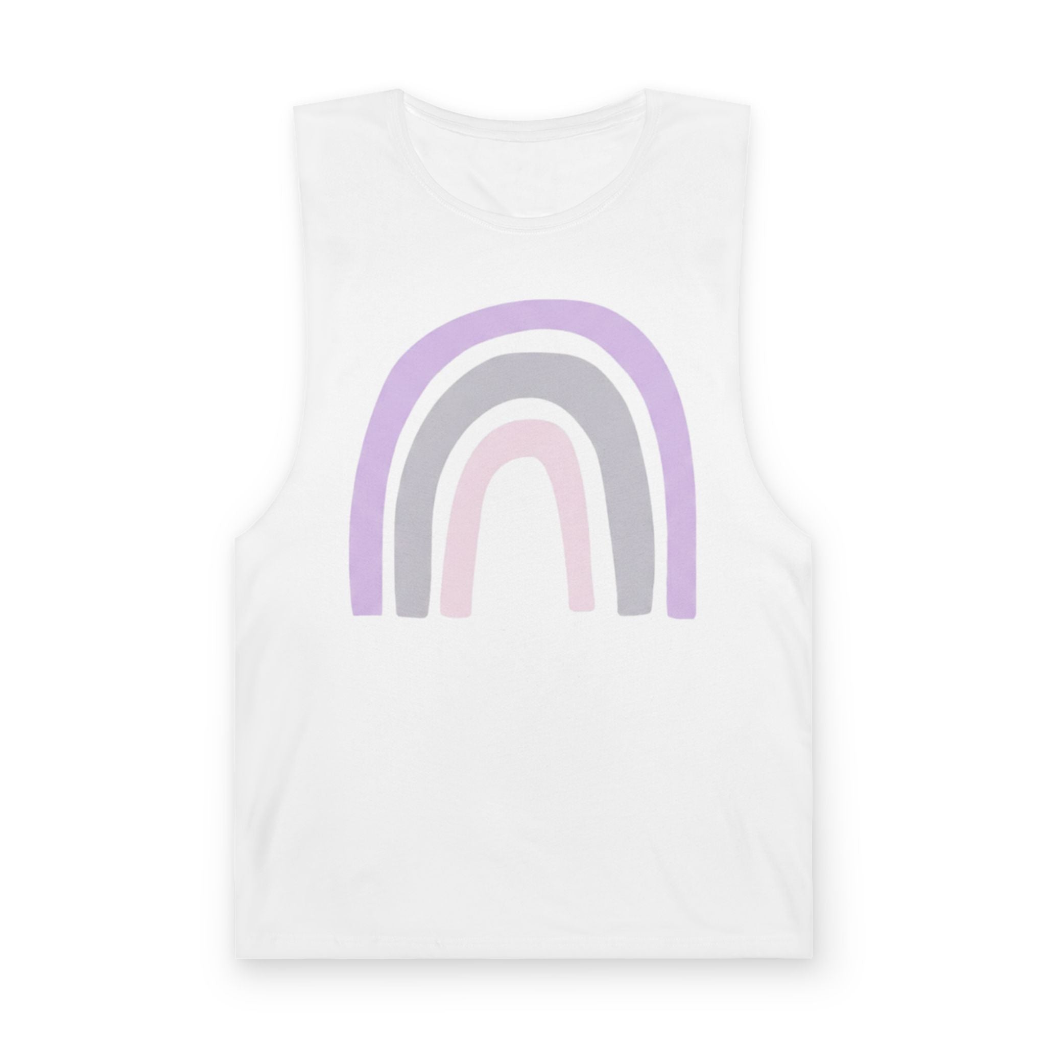 Pastel Rainbow Tank Top — Soft Lavender & Gray Rainbow Graphic Muscle Tee