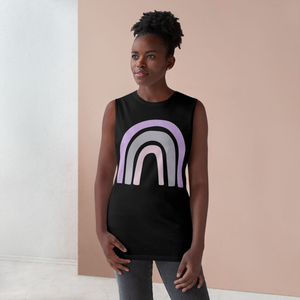 Pastel Rainbow Tank Top — Soft Lavender & Gray Rainbow Graphic Muscle Tee