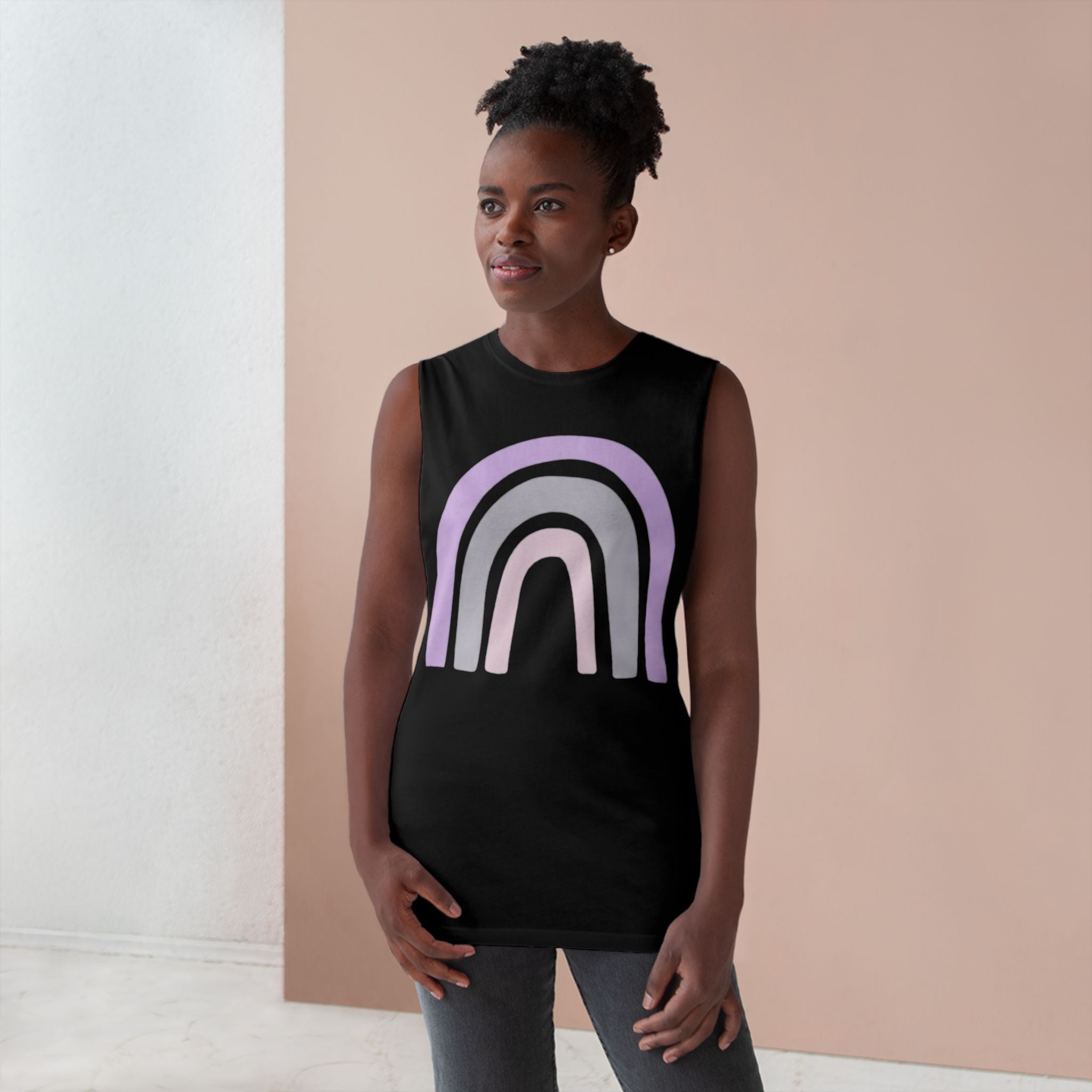 Pastel Rainbow Tank Top — Soft Lavender & Gray Rainbow Graphic Muscle Tee