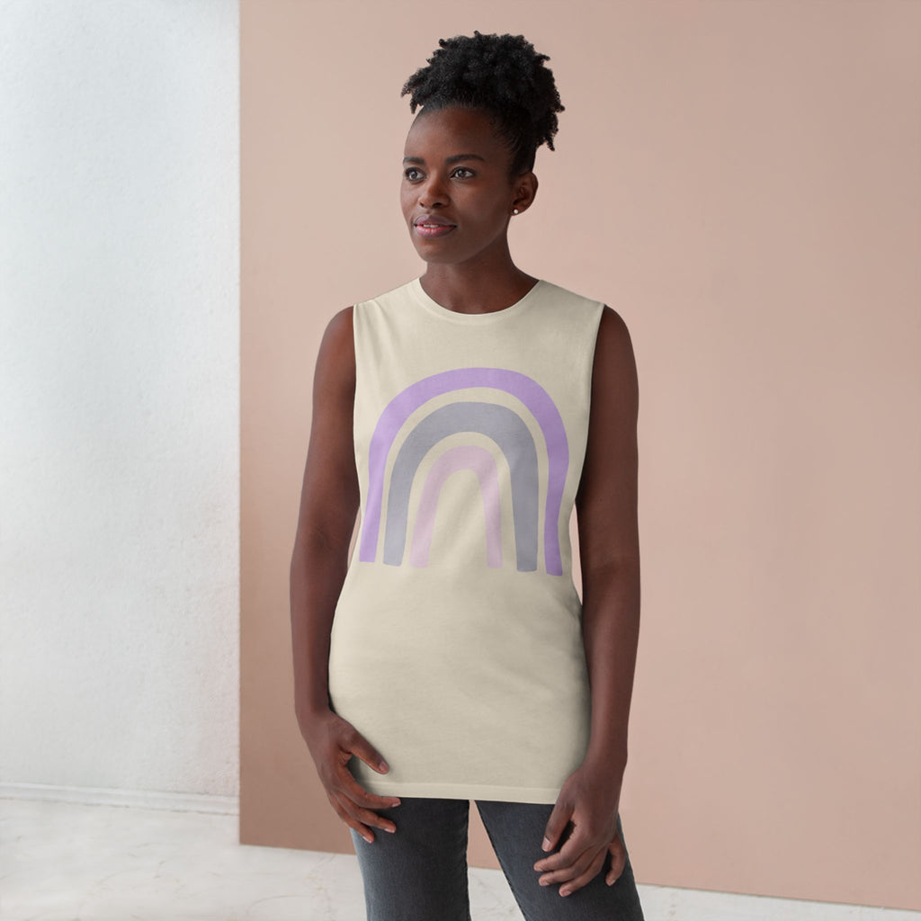 Pastel Rainbow Tank Top — Soft Lavender & Gray Rainbow Graphic Muscle Tee