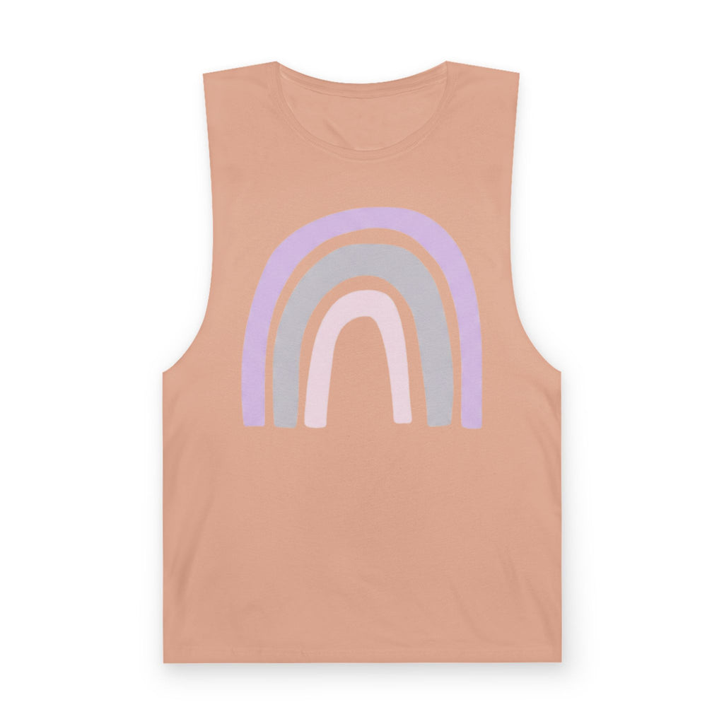 Pastel Rainbow Tank Top — Soft Lavender & Gray Rainbow Graphic Muscle Tee