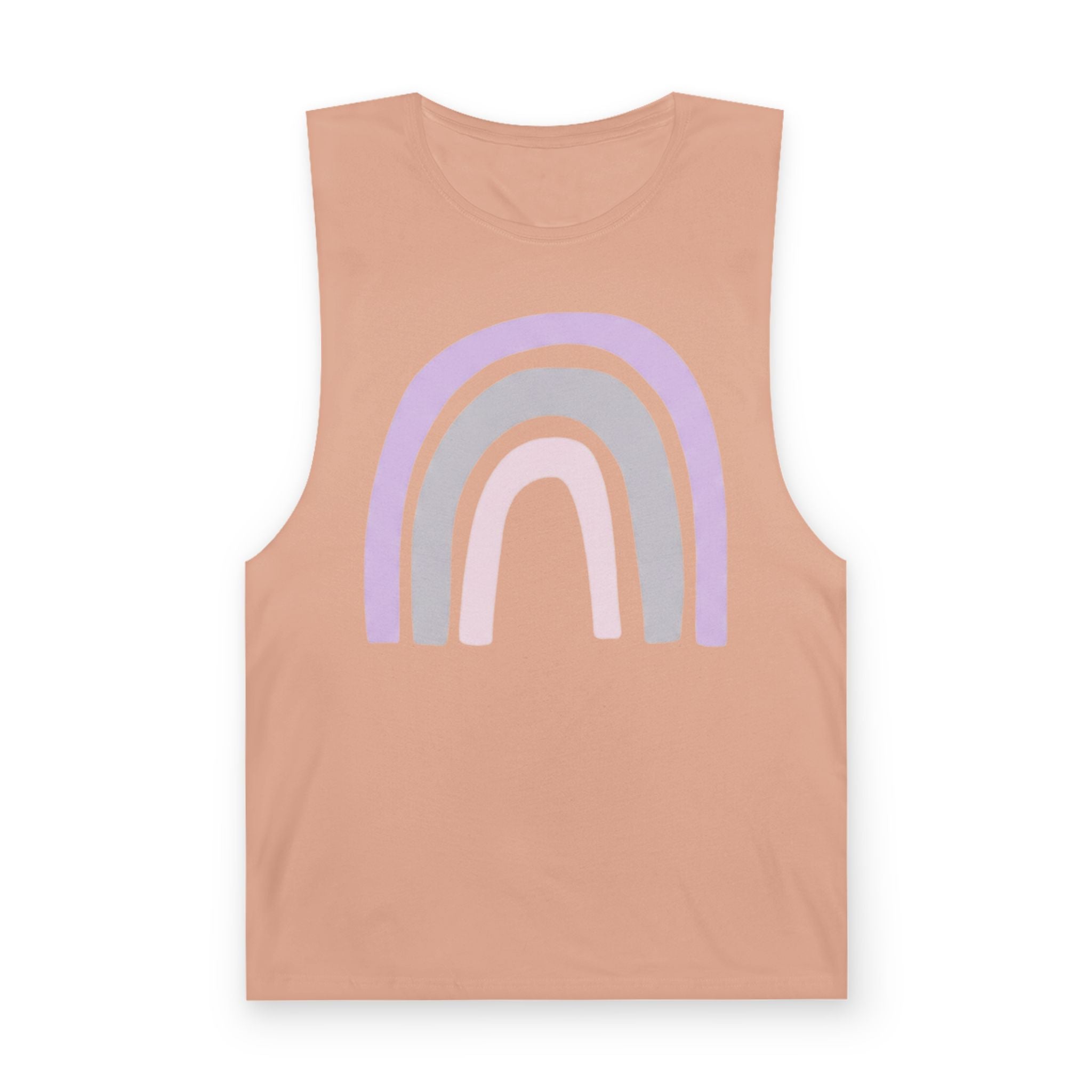 Pastel Rainbow Tank Top — Soft Lavender & Gray Rainbow Graphic Muscle Tee