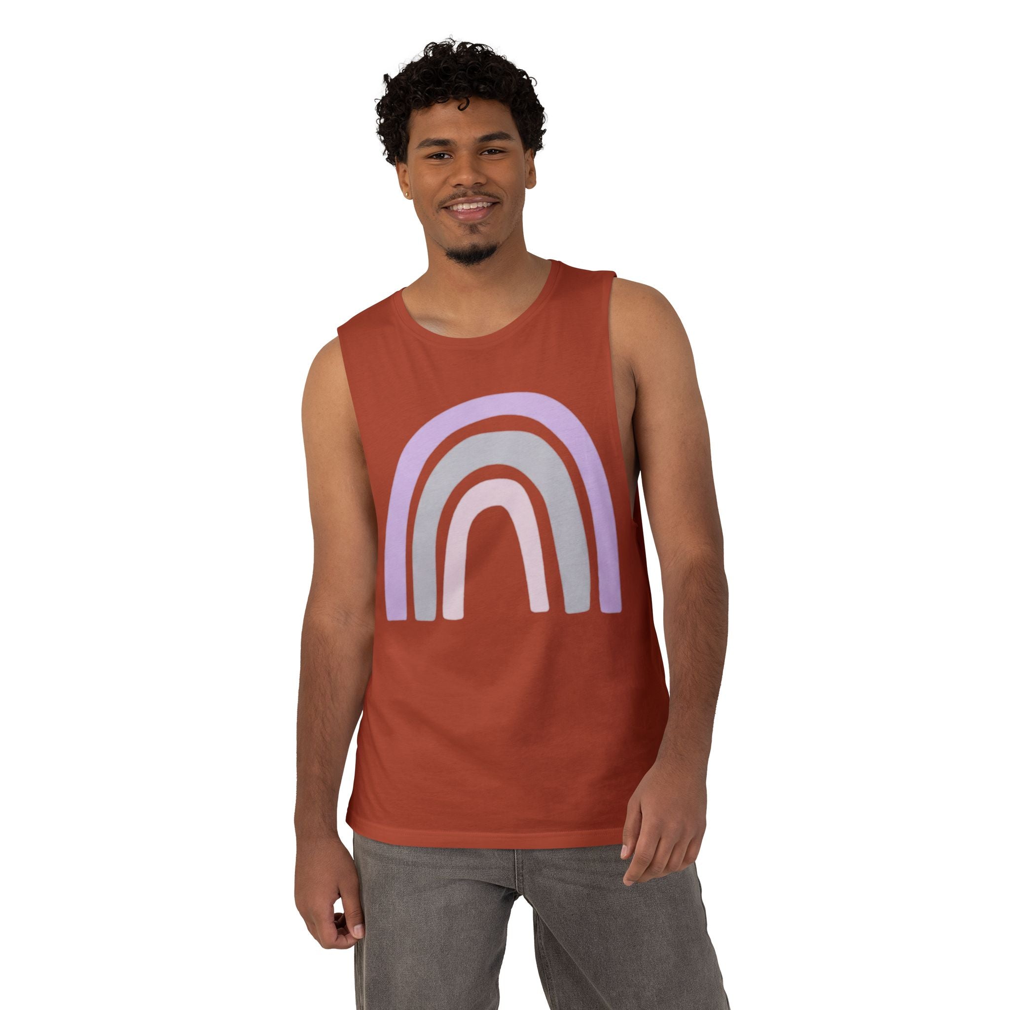 Pastel Rainbow Tank Top — Soft Lavender & Gray Rainbow Graphic Muscle Tee