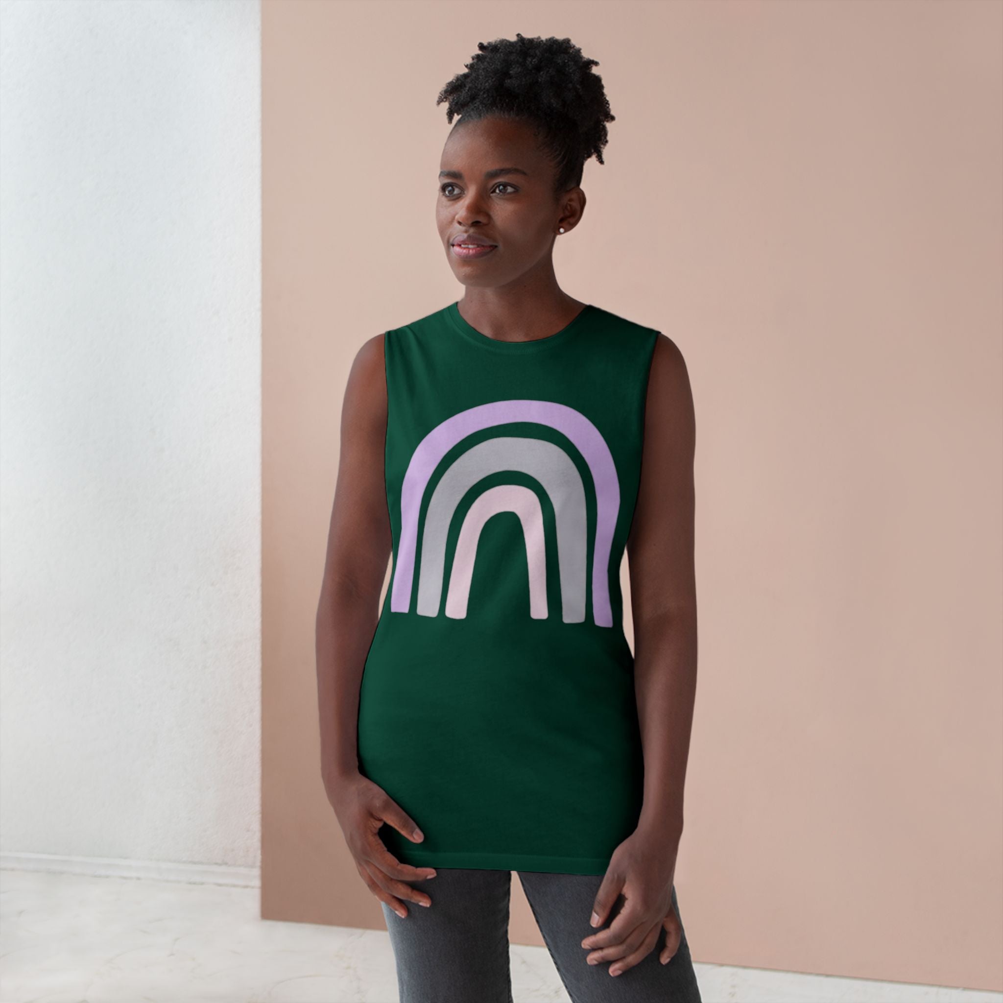Pastel Rainbow Tank Top — Soft Lavender & Gray Rainbow Graphic Muscle Tee