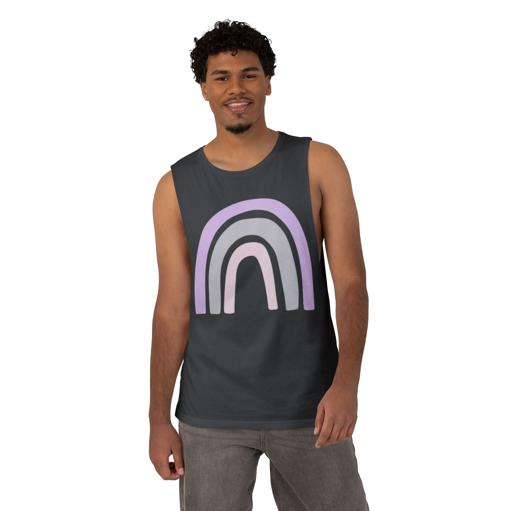 Pastel Rainbow Tank Top — Soft Lavender & Gray Rainbow Graphic Muscle Tee