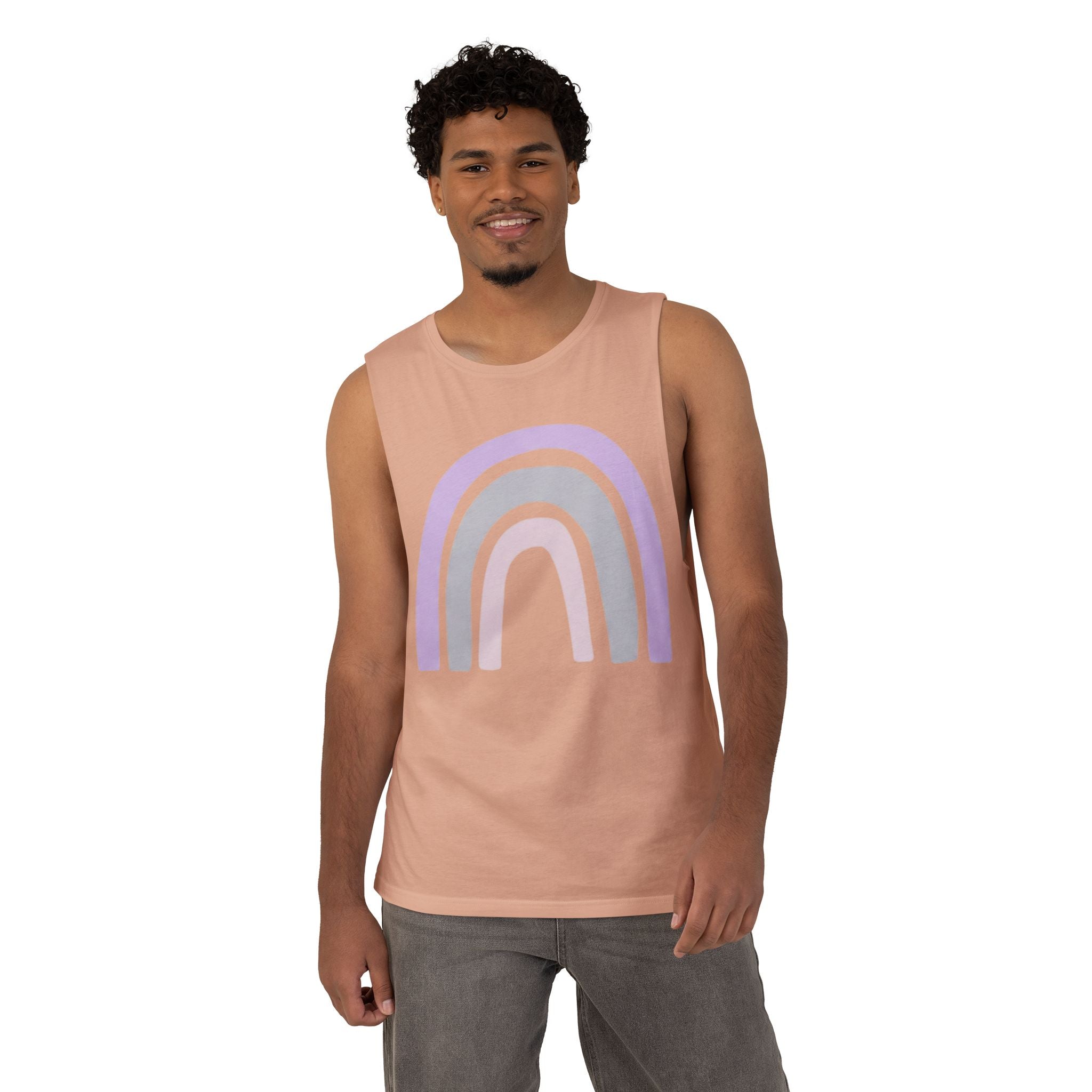 Pastel Rainbow Tank Top — Soft Lavender & Gray Rainbow Graphic Muscle Tee