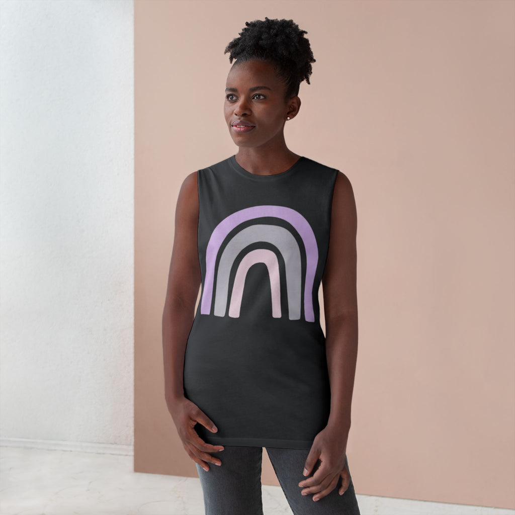 Pastel Rainbow Tank Top — Soft Lavender & Gray Rainbow Graphic Muscle Tee