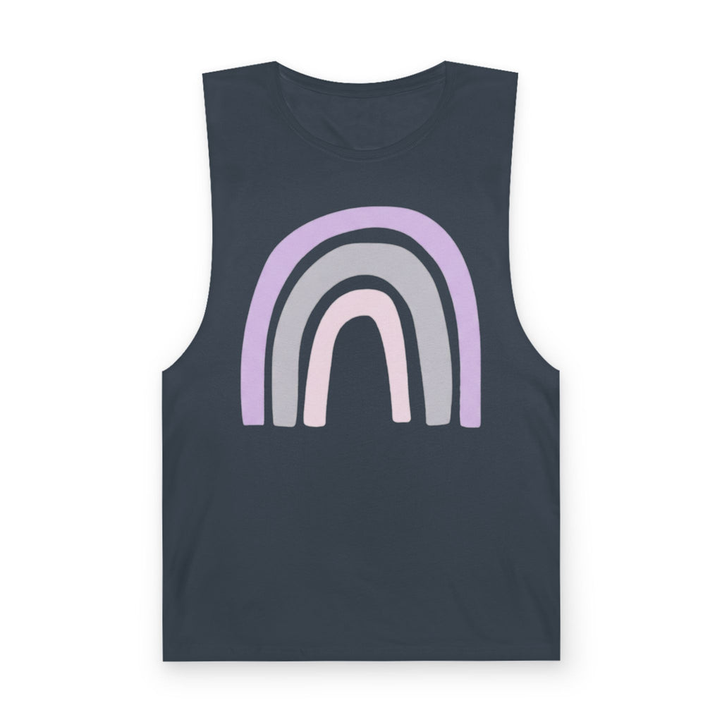 Pastel Rainbow Tank Top — Soft Lavender & Gray Rainbow Graphic Muscle Tee
