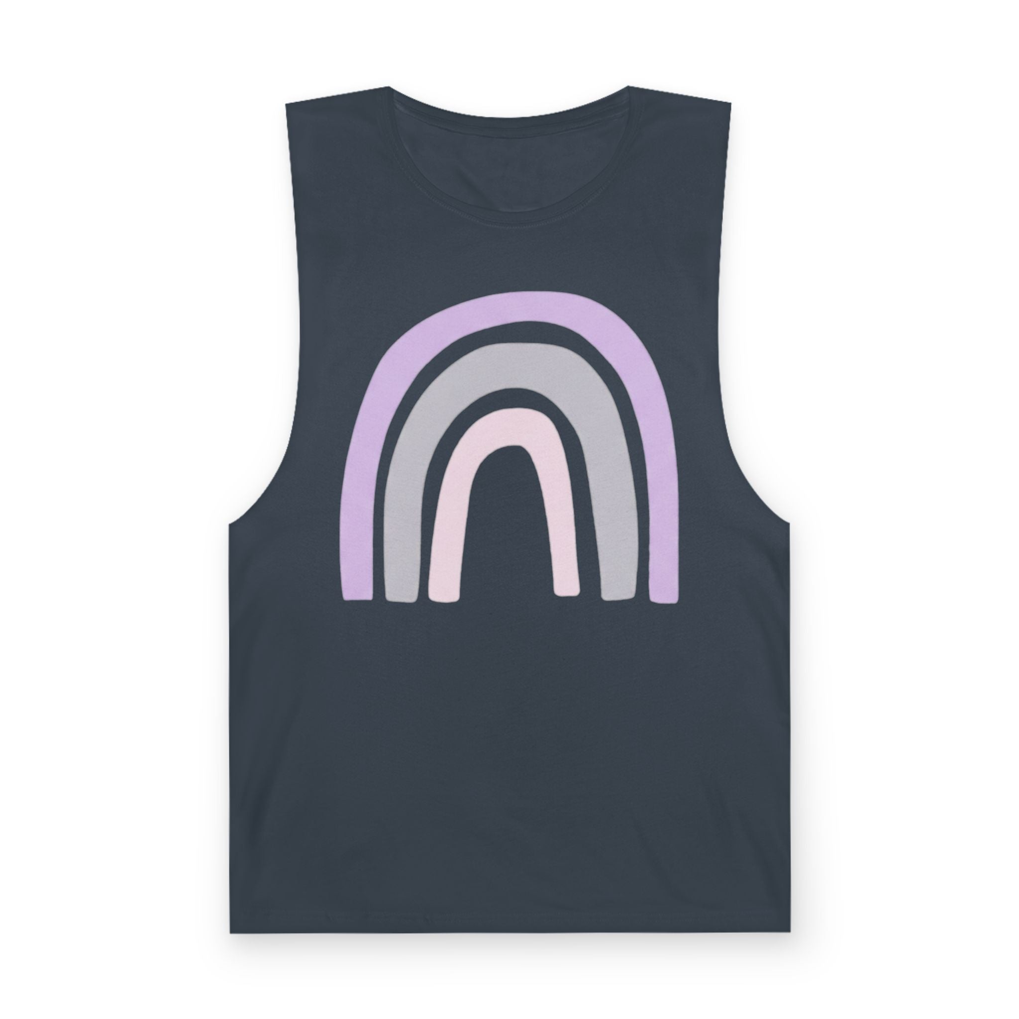 Pastel Rainbow Tank Top — Soft Lavender & Gray Rainbow Graphic Muscle Tee