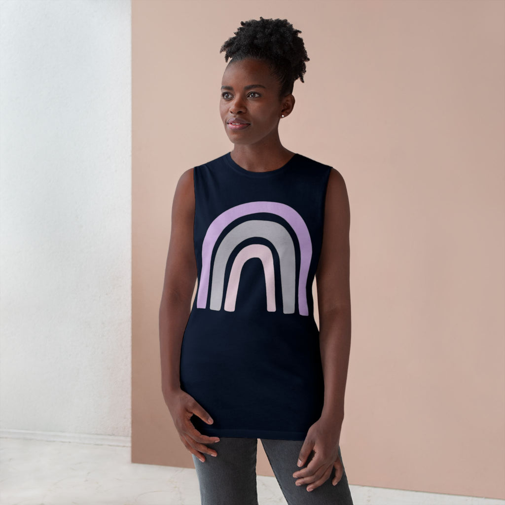 Pastel Rainbow Tank Top — Soft Lavender & Gray Rainbow Graphic Muscle Tee