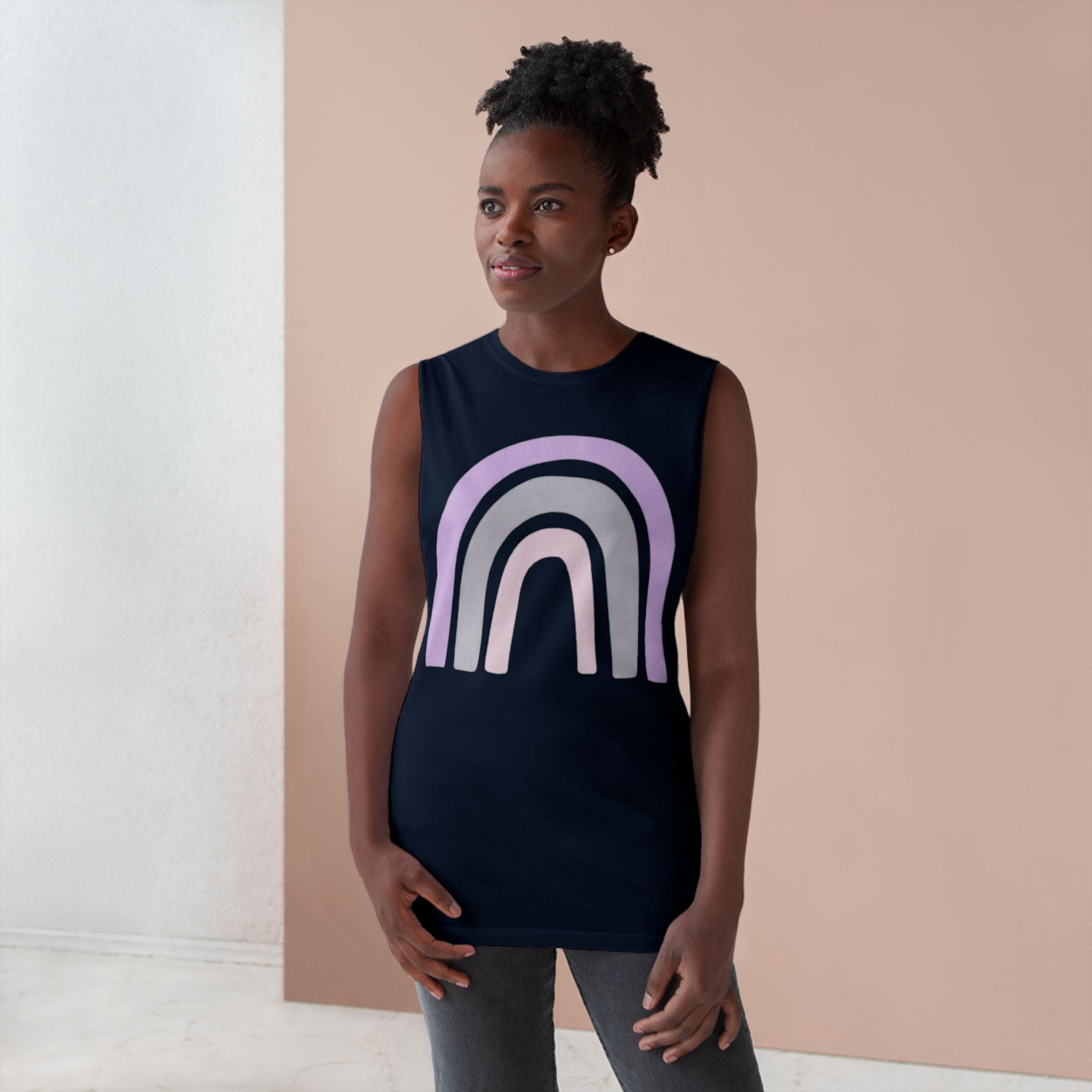 Pastel Rainbow Tank Top — Soft Lavender & Gray Rainbow Graphic Muscle Tee