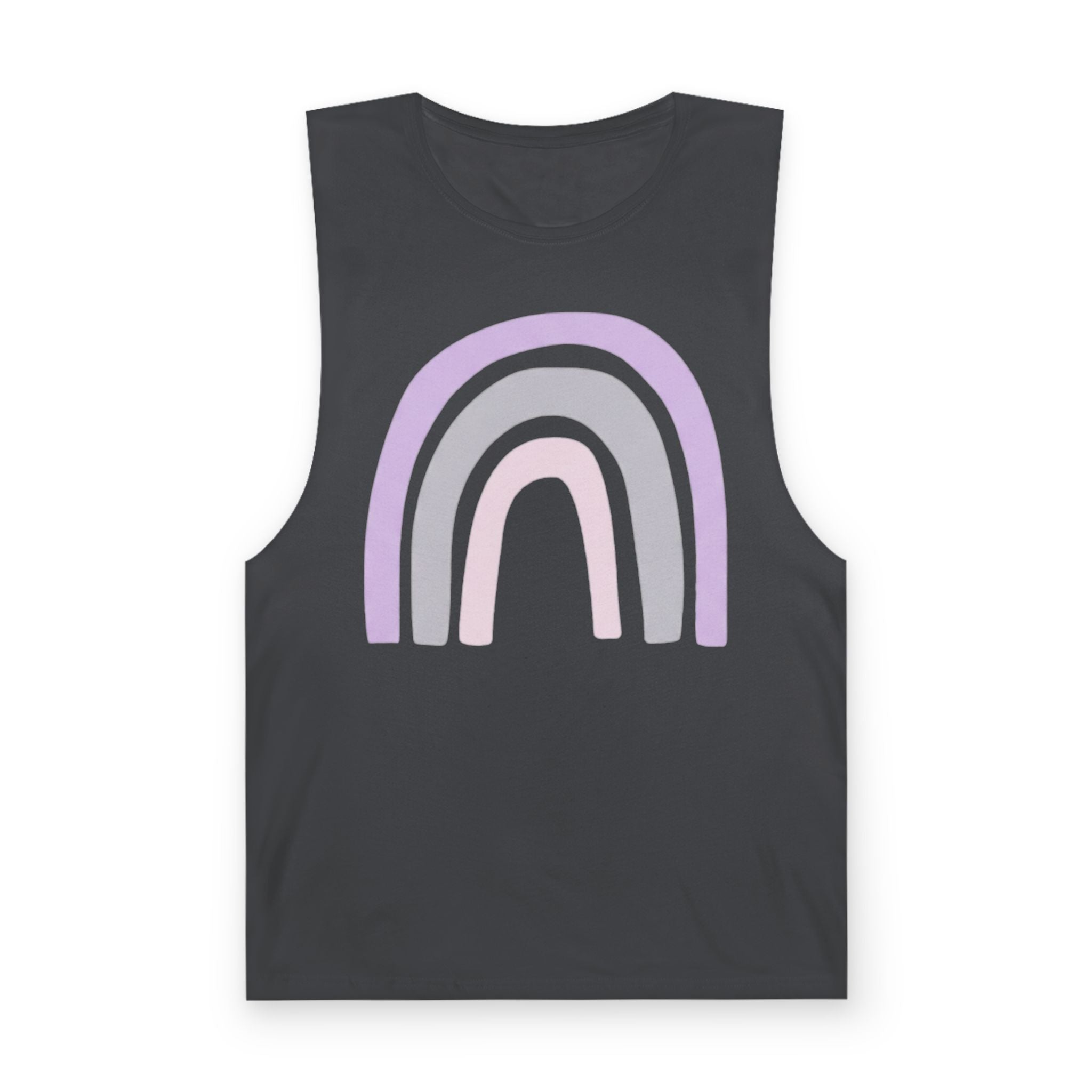 Pastel Rainbow Tank Top — Soft Lavender & Gray Rainbow Graphic Muscle Tee