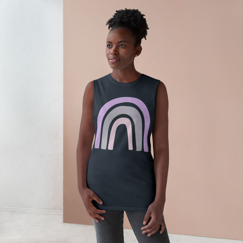 Pastel Rainbow Tank Top — Soft Lavender & Gray Rainbow Graphic Muscle Tee