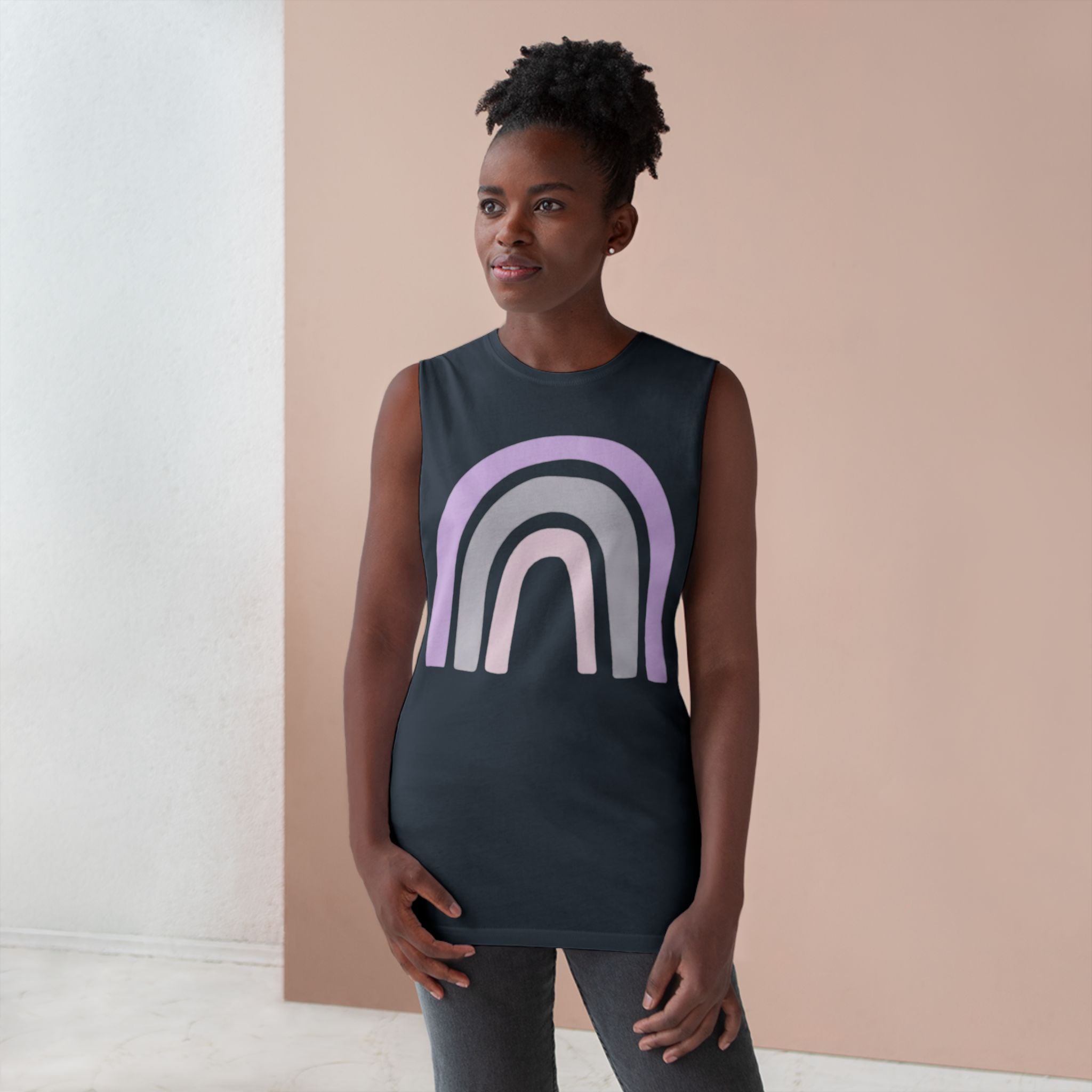 Pastel Rainbow Tank Top — Soft Lavender & Gray Rainbow Graphic Muscle Tee