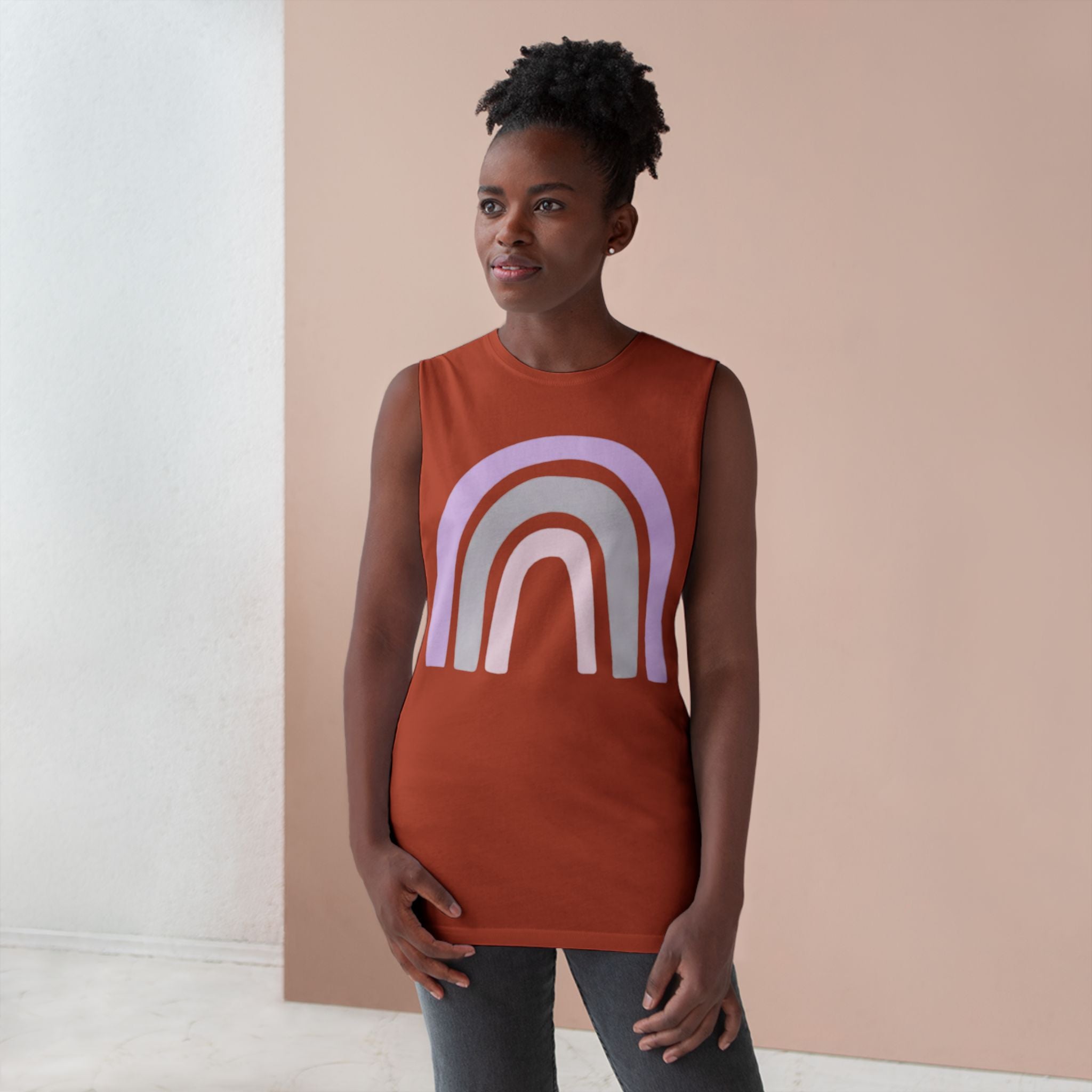 Pastel Rainbow Tank Top — Soft Lavender & Gray Rainbow Graphic Muscle Tee
