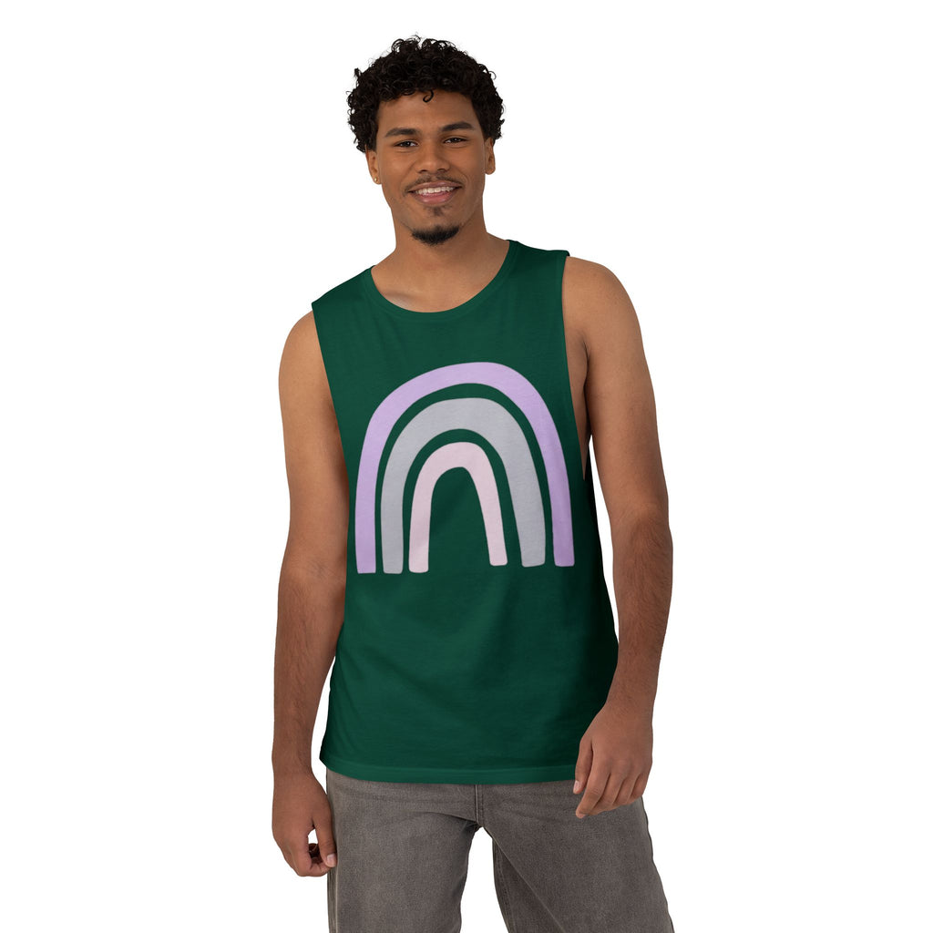 Pastel Rainbow Tank Top — Soft Lavender & Gray Rainbow Graphic Muscle Tee