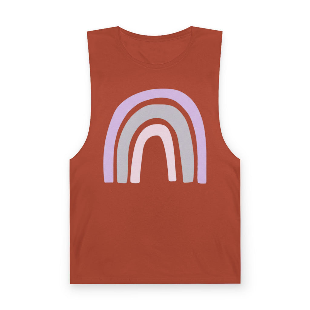 Pastel Rainbow Tank Top — Soft Lavender & Gray Rainbow Graphic Muscle Tee