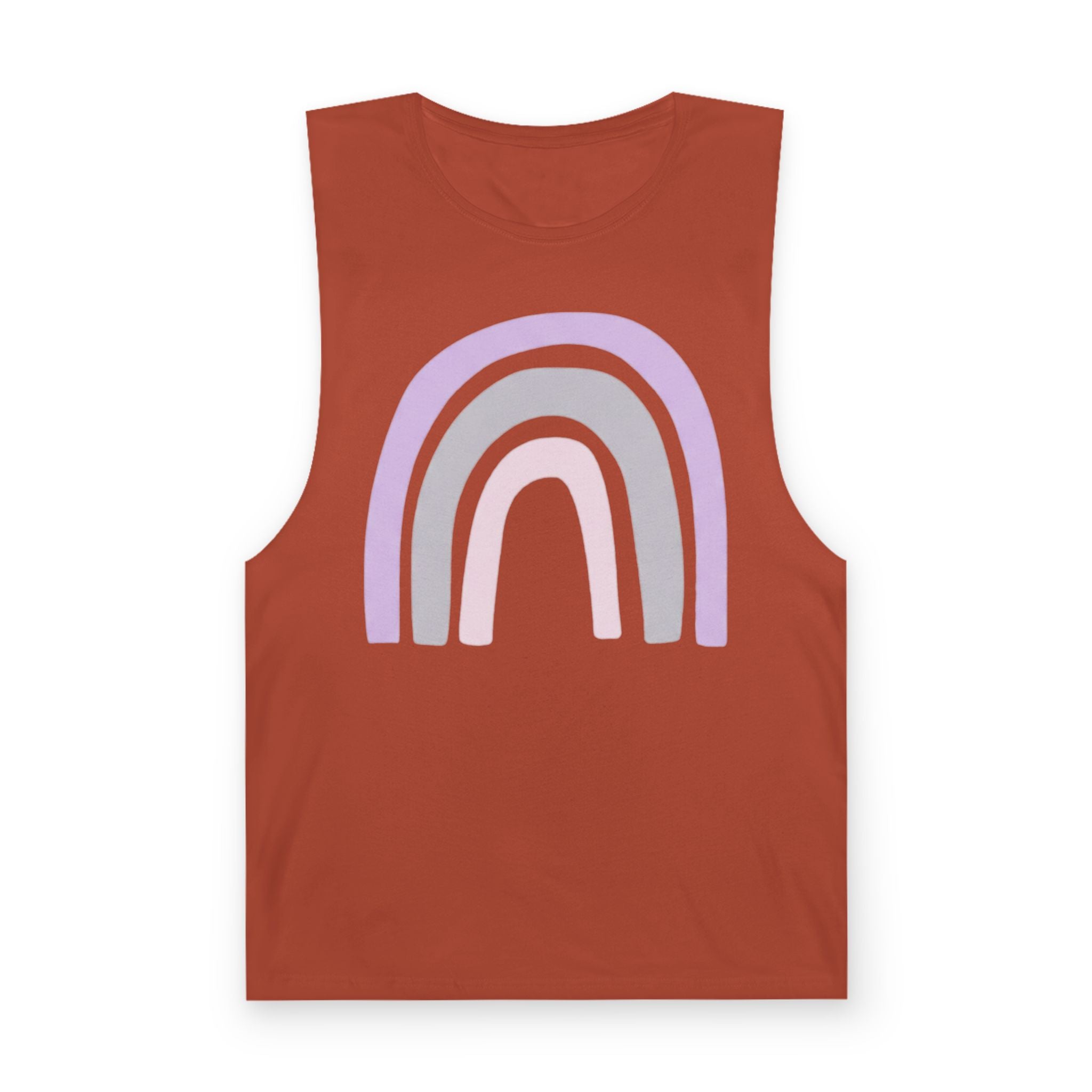 Pastel Rainbow Tank Top — Soft Lavender & Gray Rainbow Graphic Muscle Tee
