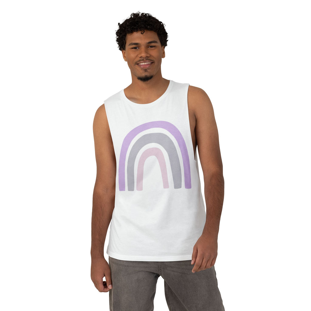 Pastel Rainbow Tank Top — Soft Lavender & Gray Rainbow Graphic Muscle Tee