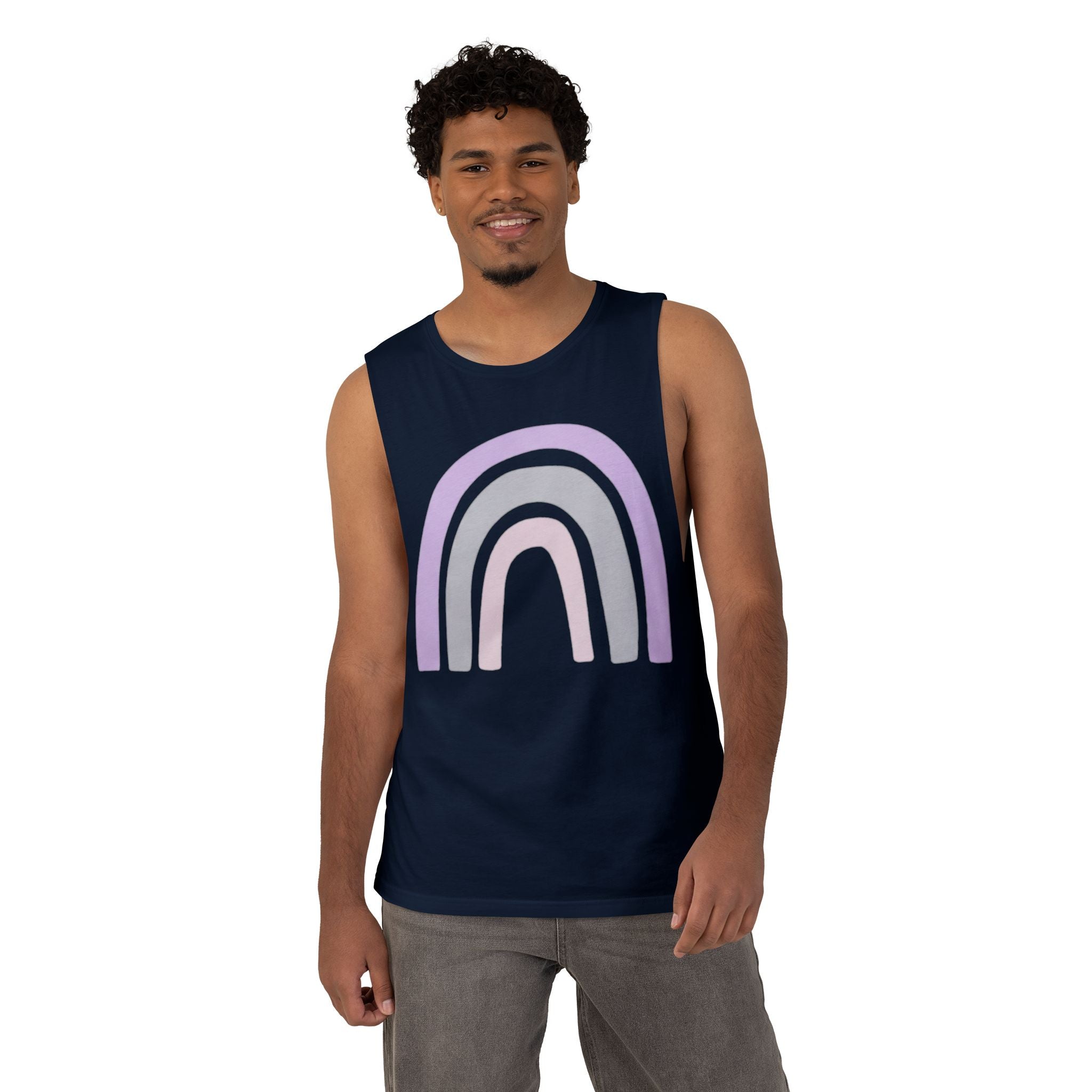 Pastel Rainbow Tank Top — Soft Lavender & Gray Rainbow Graphic Muscle Tee