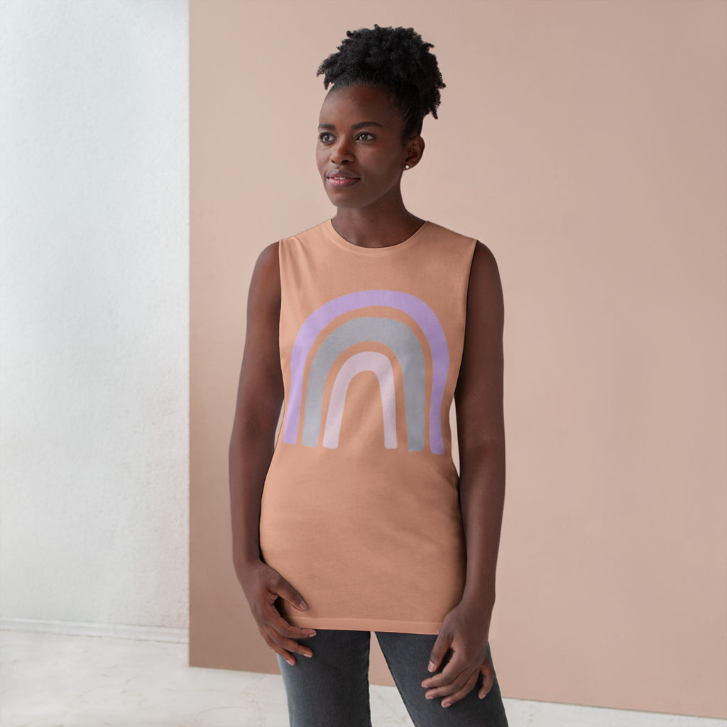Pastel Rainbow Tank Top — Soft Lavender & Gray Rainbow Graphic Muscle Tee