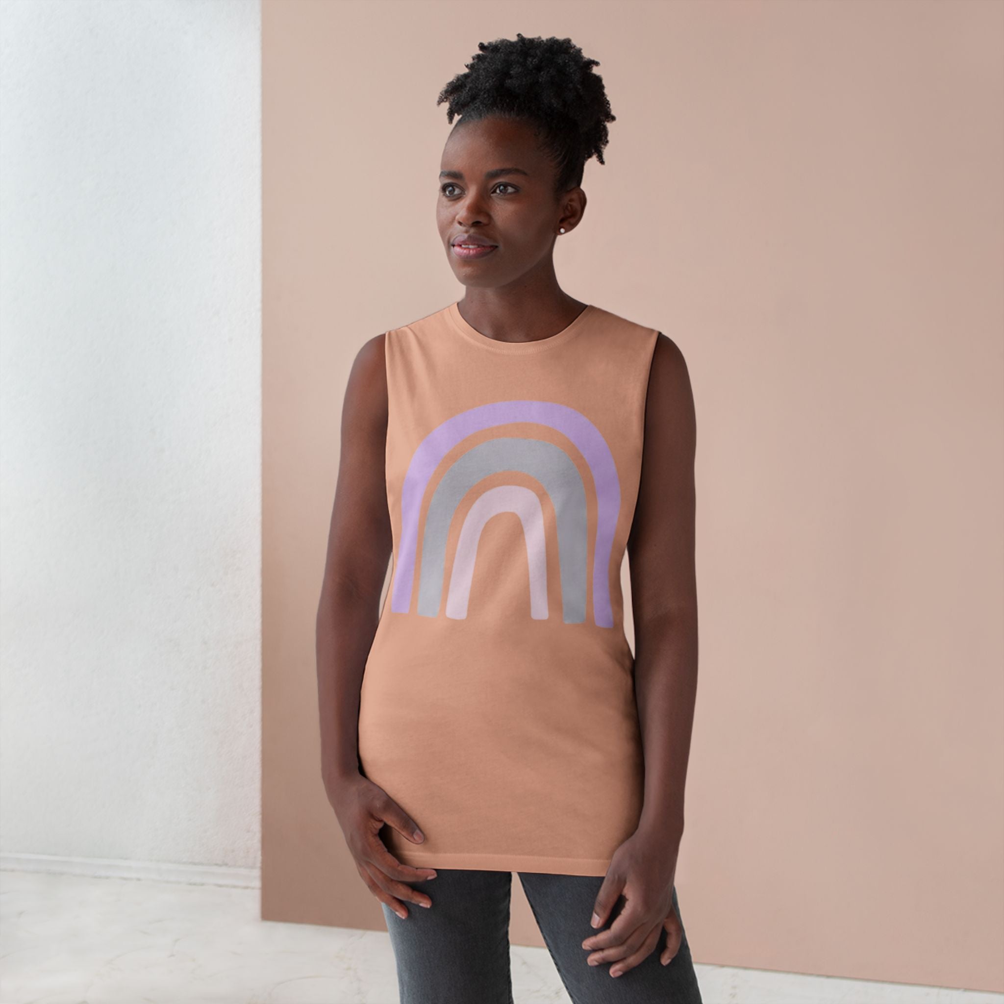 Pastel Rainbow Tank Top — Soft Lavender & Gray Rainbow Graphic Muscle Tee