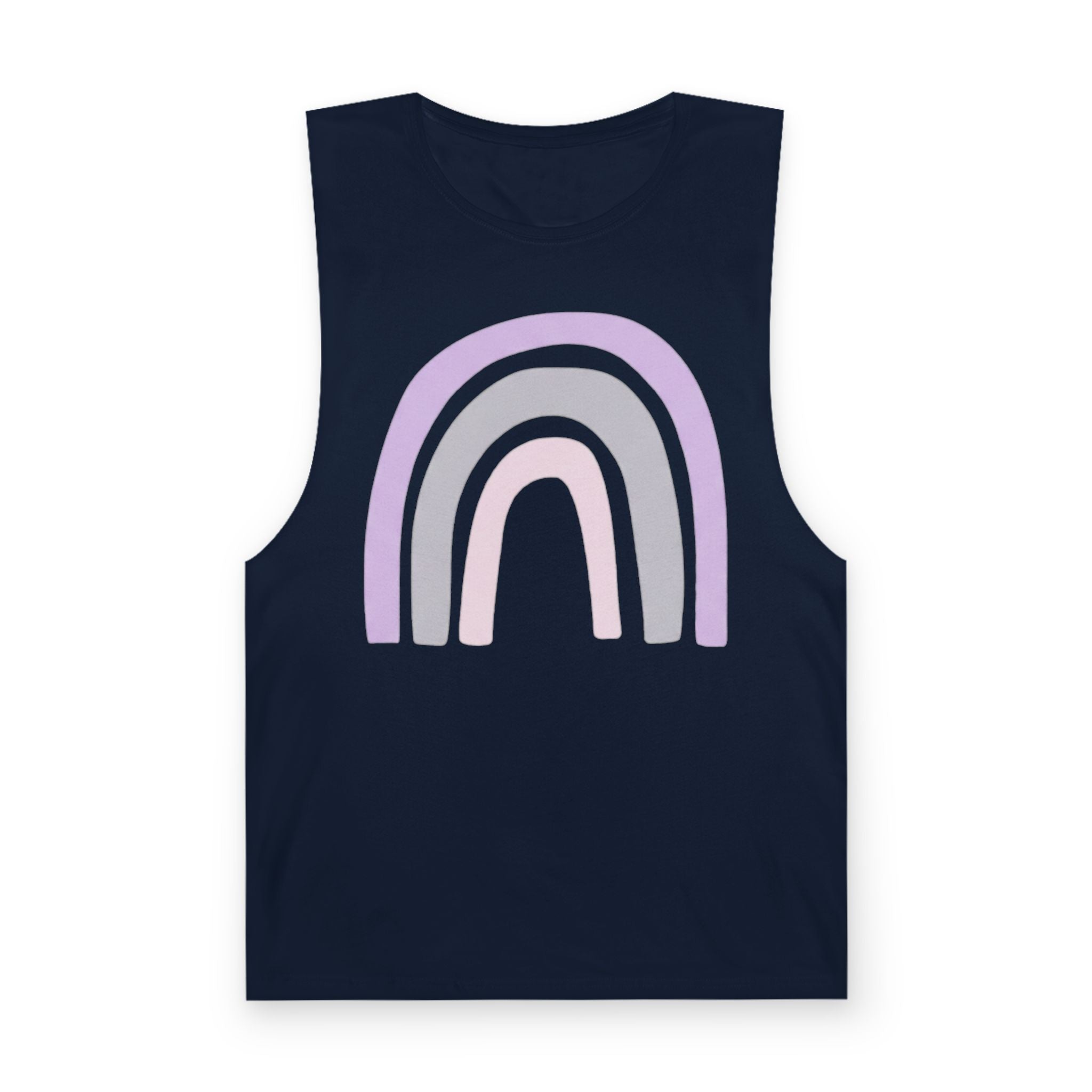 Pastel Rainbow Tank Top — Soft Lavender & Gray Rainbow Graphic Muscle Tee