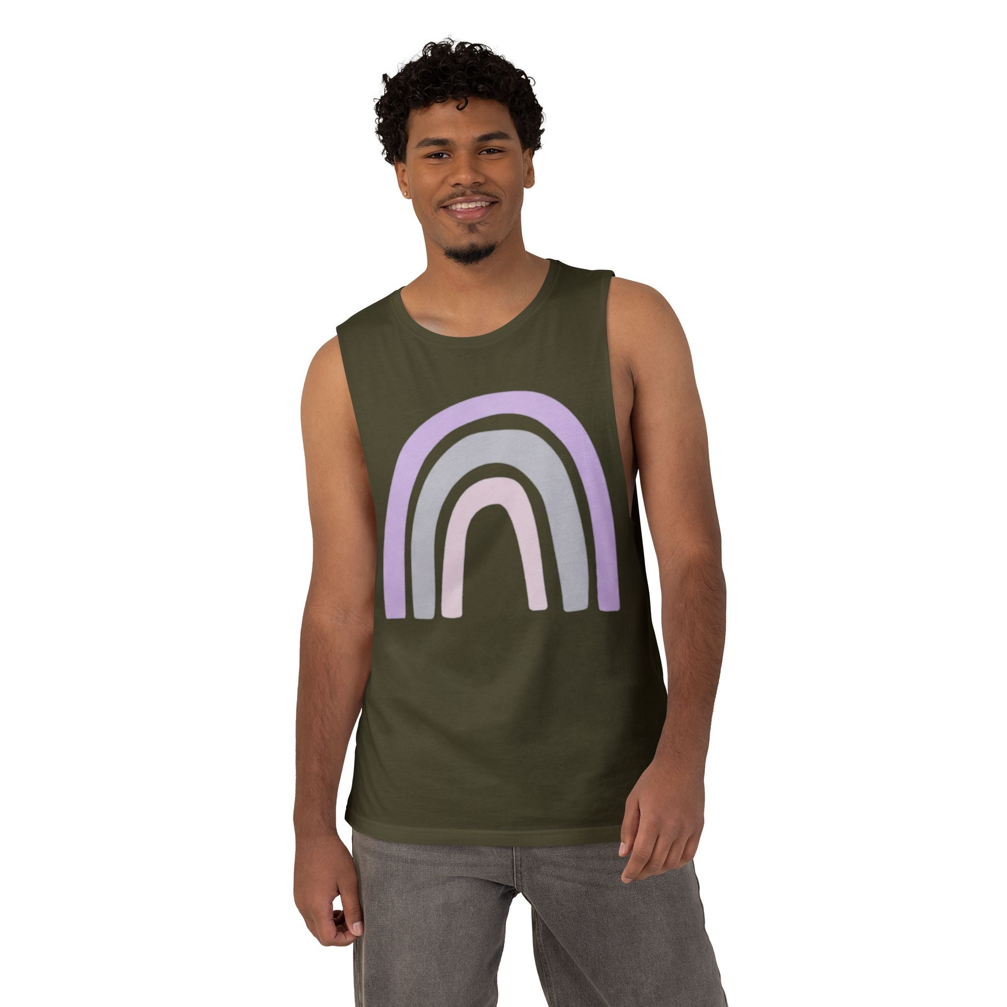 Pastel Rainbow Tank Top — Soft Lavender & Gray Rainbow Graphic Muscle Tee