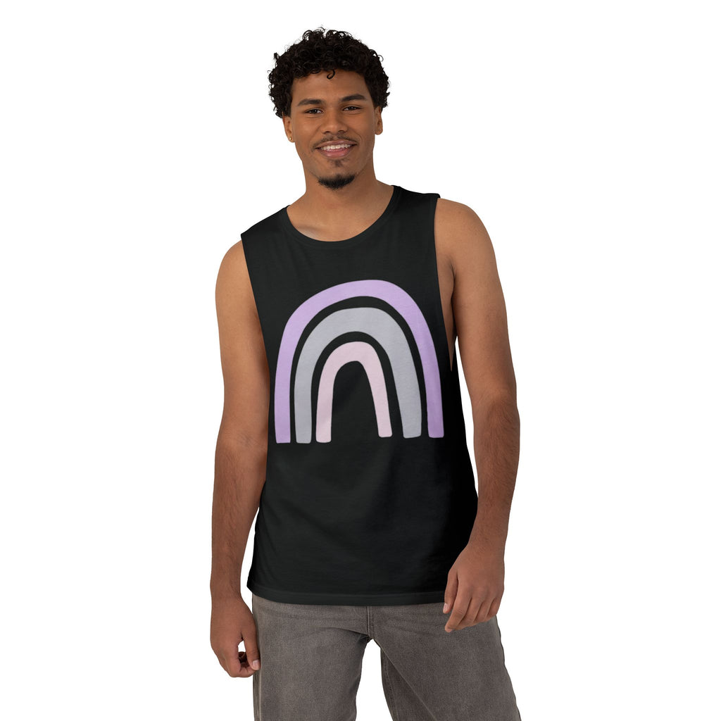 Pastel Rainbow Tank Top — Soft Lavender & Gray Rainbow Graphic Muscle Tee