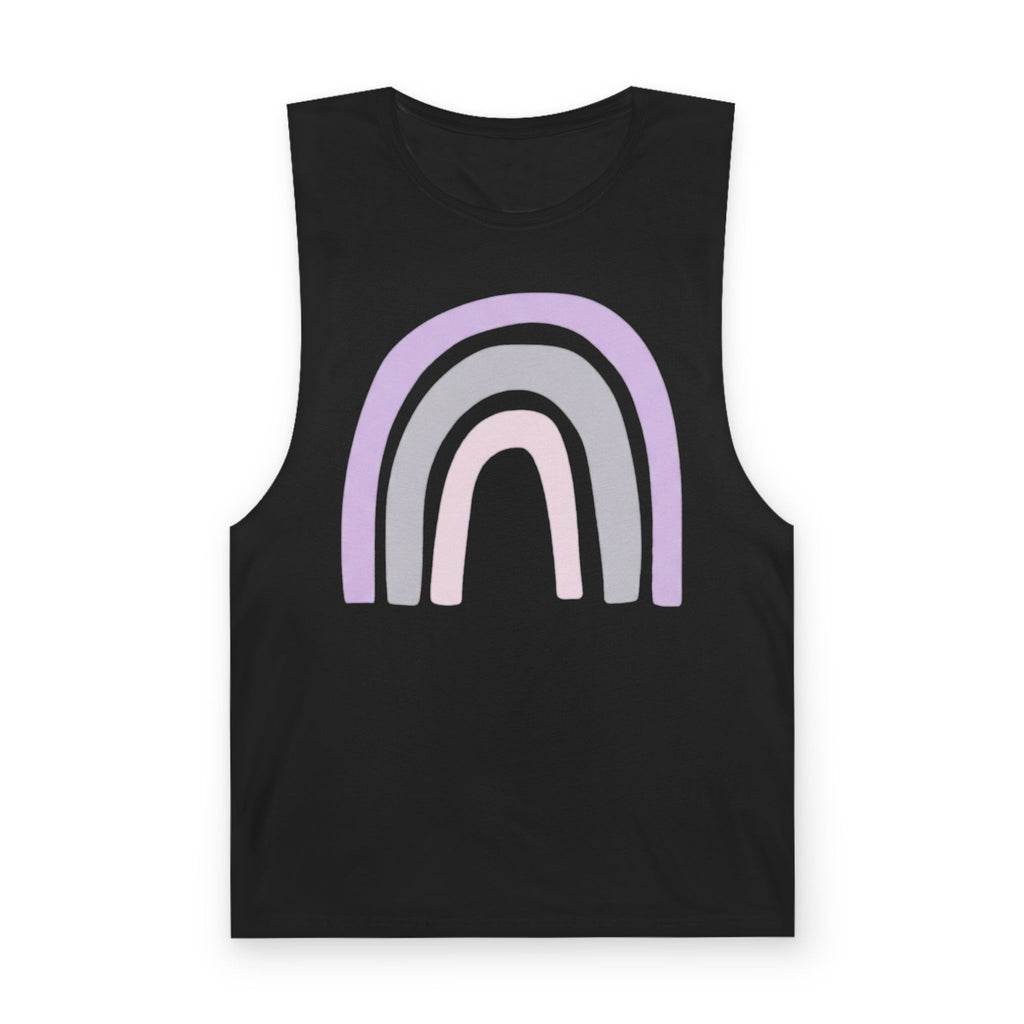 Pastel Rainbow Tank Top — Soft Lavender & Gray Rainbow Graphic Muscle Tee
