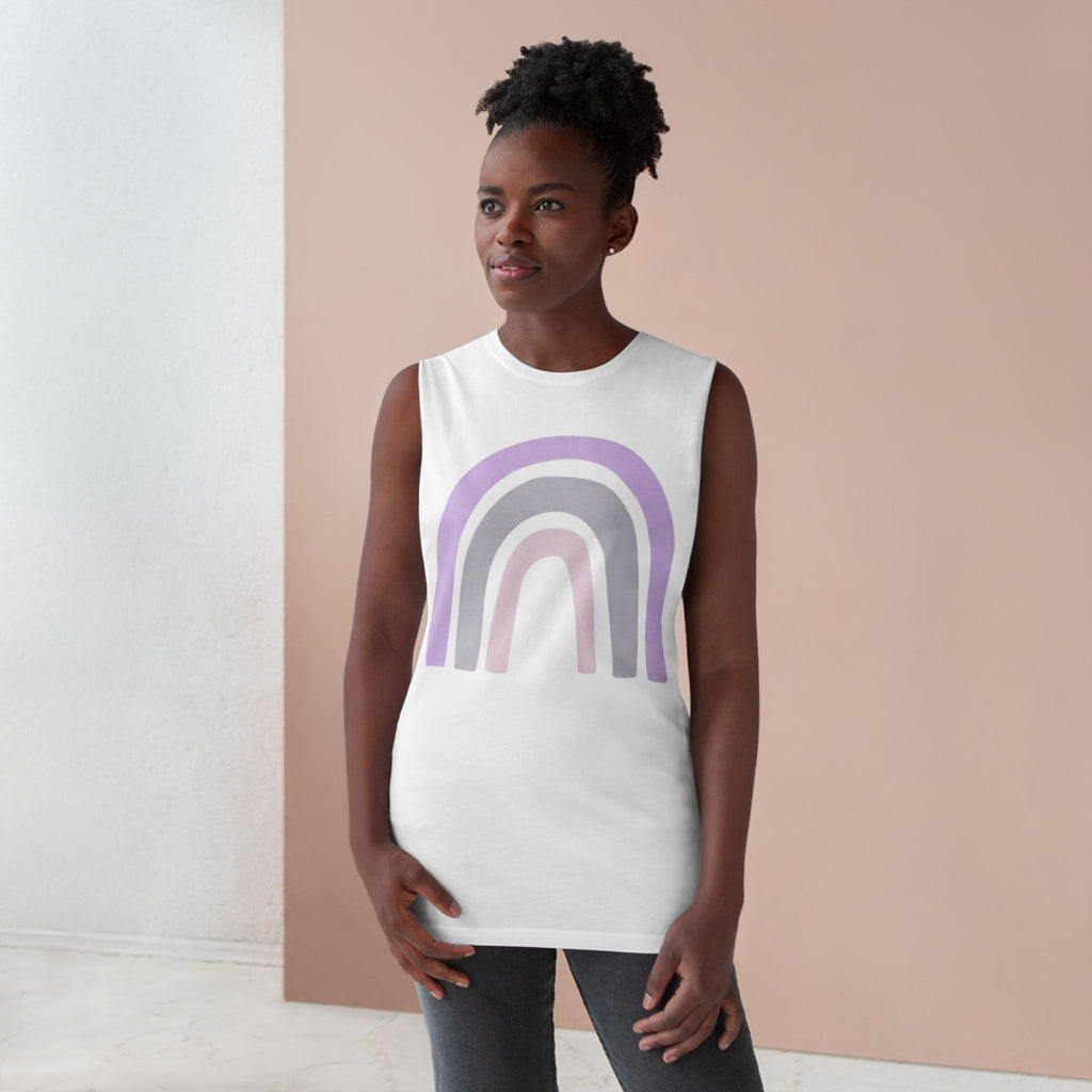 Pastel Rainbow Tank Top — Soft Lavender & Gray Rainbow Graphic Muscle Tee