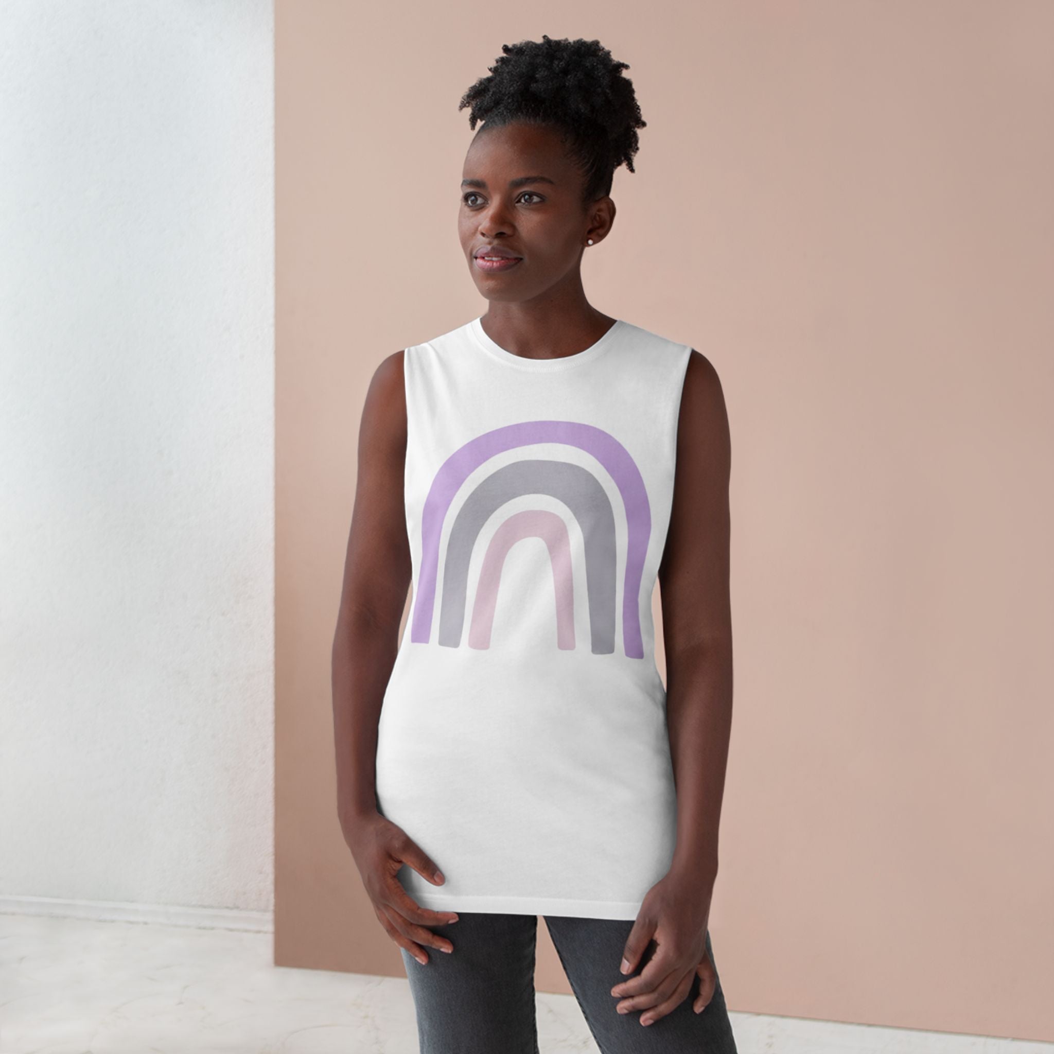 Pastel Rainbow Tank Top — Soft Lavender & Gray Rainbow Graphic Muscle Tee