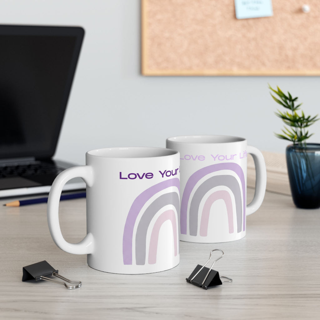 Love Your Life Pastel Rainbow Ceramic Mug (11oz, 15oz) — Inspirational Coffee Cup