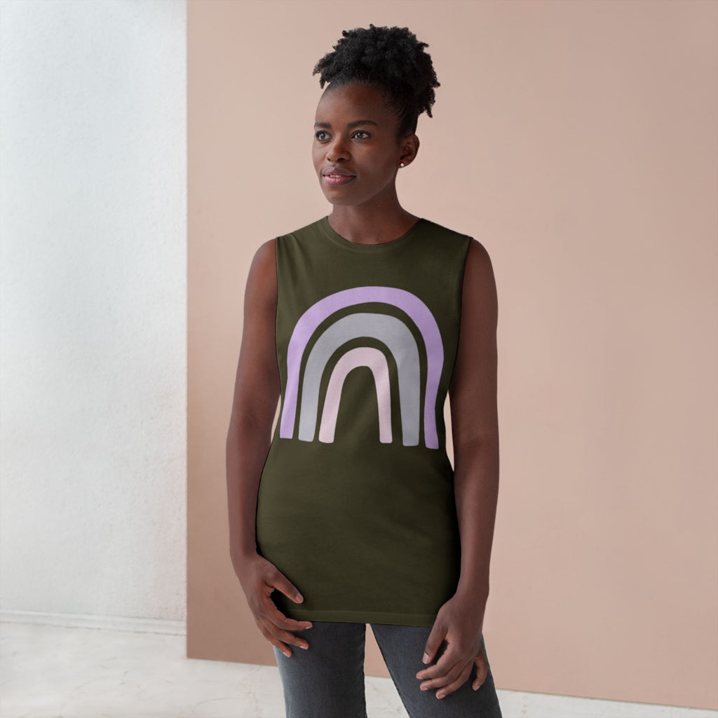 Pastel Rainbow Tank Top — Soft Lavender & Gray Rainbow Graphic Muscle Tee